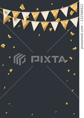 3D gold and white hanging flag garlands with confetti on black vertical background have blank space. 3D gold and white hanging flag garlands with confetti on black vertical background have blank space. 132566822