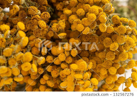 Dried tansy flowers macro close-up in natural light Dried tansy flowers macro close-up in natural light 132567276