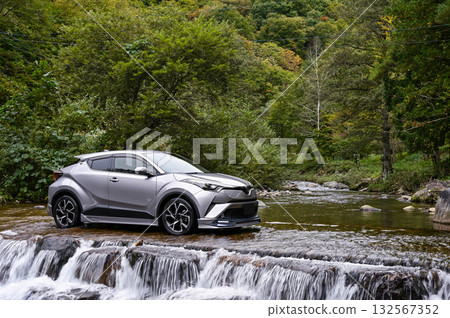 A washout and a car in Takayama City, Gifu Prefecture 132567352