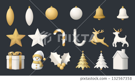 3D gold and white Christmas ornaments isolated collection graphic illustration. 132567358