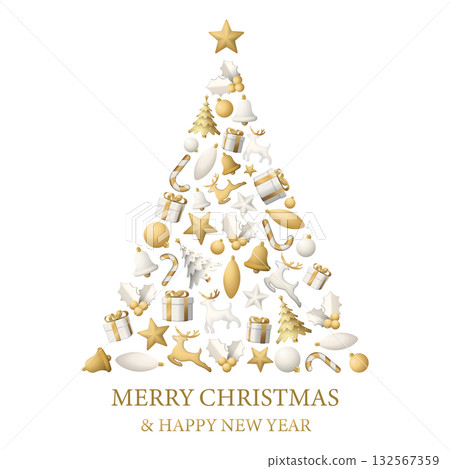 Abstract Christmas tree from gold and white Christmas ornaments on white square background graphic illustration. Merry Christmas and Happy New Year luxury greeting card. Abstract Christmas tree from gold and white Christmas ornaments on white square background graphic illustration. Merry Christmas and Happy New Year luxury greeting card. 132567359