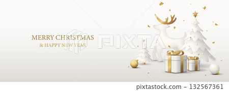 3D miniature ceramic model of Christmas trees, reindeer, gift boxes and Christmas balls white and gold colors graphic illustration have blank space. Merry Christmas and Happy New Year greeting banner 3D miniature ceramic model of Christmas trees, reindeer, gift boxes and Christmas balls white and gold colors graphic illustration have blank space. Merry Christmas and Happy New Year greeting banner 132567361