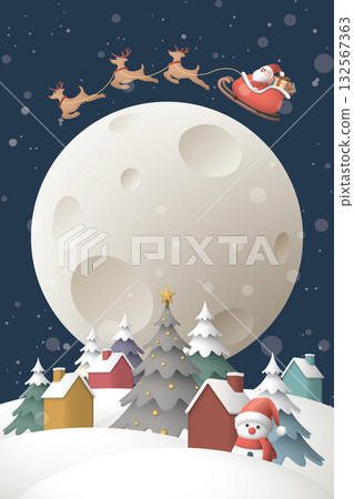 3D miniature model of Winter Wonderland in Christmas eve have Santa Claus riding sleigh flying over the moon vertical template graphic illustration. 132567363