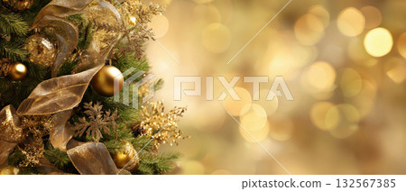 Golden ornaments on a decorated Christmas tree, created AI 132567385