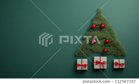 Green background with fir branches shaped as a tree, created AI 132567397
