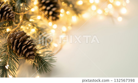 Pinecones in evergreens with soft lights, created AI 132567398