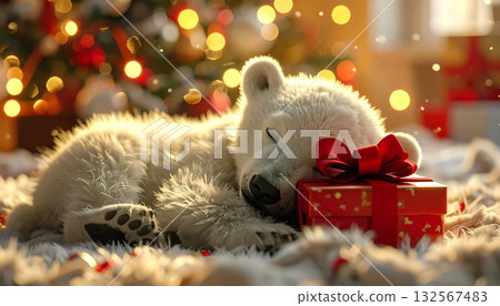 3D illustration of a polar bear cub sleeping under a Christmas tree next to presents 132567483