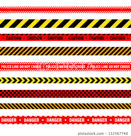 Barricade construction tape. Colorful police warning line, brightly colored danger or hazard stripe, ribbon. Restricted area, zone. Attention symbol. Vector illustration 132567748