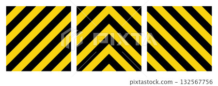 Warning sign with yellow and black diagonal lines. Attention, danger or caution symbol. Construction site signage, road safety notice, hazard banner, security alert shield. Vector illustration 132567756