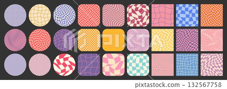 Groovy checkered pattern, colorful tiled grid. Vintage wavy curved backdrop, distortion effect. Funky geometric chessboard texture, retro background in 90s style, y2k. Vector illustration Groovy checkered pattern, colorful tiled grid. Vintage wavy curved backdrop, distortion effect. Funky geometric chessboard texture, retro background in 90s style, y2k. Vector illustration 132567758