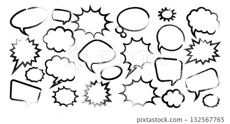 Grunge comic speech bubbles with brush strokes, ink smudges, acrylic stains or charcoal streaks. Hand drawn retro cartoon stickers. Chatting, message box. Vector illustration 132567765
