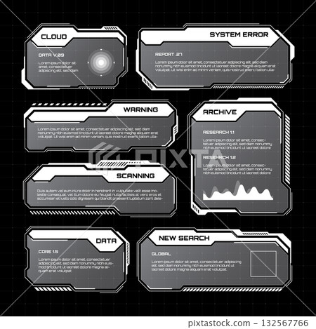 White futuristic HUD, UI elements. Sci-fi user interface text boxes, callouts. Warning message frames, information boxes template. Modern game interface layout in digital style. Vector illustration 132567766