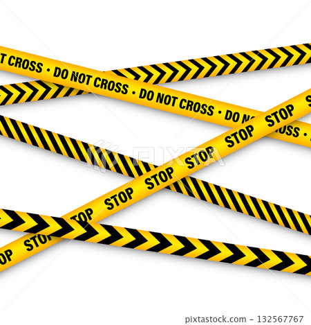 Barricade construction tape. Colorful police warning line, brightly colored danger or hazard stripe, ribbon. Restricted area, zone. Attention symbol. Vector illustration 132567767