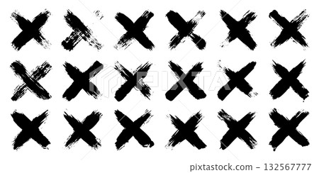 Grunge crosses, brush strokes, x mark, lines, ink smudges, hand-drawn scribble shapes. Handmade sketchy marks, acrylic stains, charcoal streaks. Paint textures, dry brush effect. Vector illustration 132567777