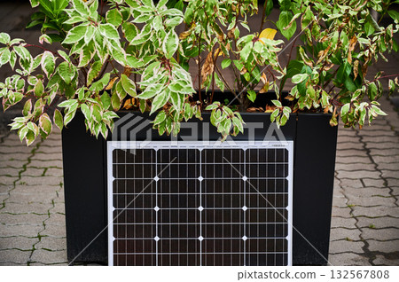 Photovoltaic solar panel at large planter filled with vibrant green foliage, set on paved area under canopy. Urban setting emphasizes integration of green energy solutions within modern cityscapes. 132567808