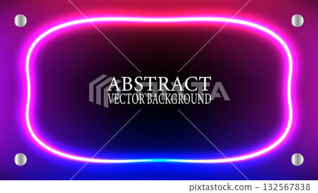 Abstract background featuring a black center framed by a bright rounded rectangle of neon glow in blue and magenta with metallic screws 132567838