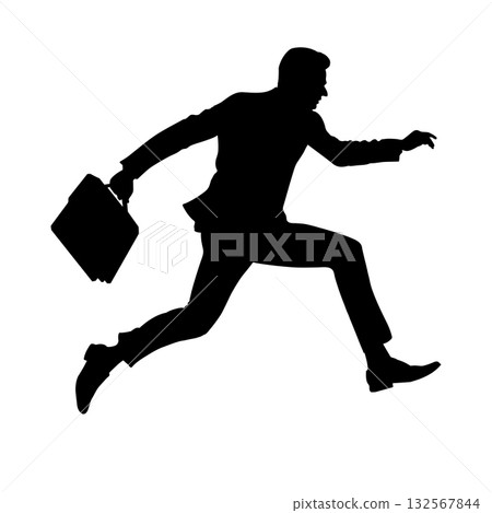 Businessman silhouette mid-air jump with briefcase. Represents challenge, progress, and ambition. Ideal for business, success, and overcoming obstacles 132567844