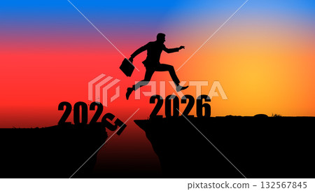Businessman silhouette jumping from 2025 to 2026 at sunset. Represents New Year, transition, challenges, future, and successful goal achievement for business 132567845