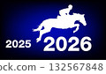 White silhouette of a horse and rider leaping from 2025 to 2026 on a dark blue background, representing progress, determination, and success in the new year 132567848