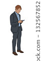 Businessman in a dark suit using smartphone, isolated vector illustration on white background 132567852