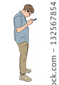 Outline vector illustration of one man with glasses standing and looking intently at his smartphone. Concept of mobile technology and digital focus 132567854