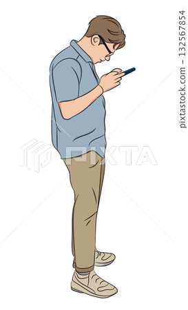 Outline vector illustration of one man with glasses standing and looking intently at his smartphone. Concept of mobile technology and digital focus Outline vector illustration of one man with glasses standing and looking intently at his smartphone. Concept of mobile technology and digital focus 132567854