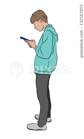 Outline vector illustration of one man standing and looking intently at his smartphone. Concept of mobile technology and digital focus Outline vector illustration of one man standing and looking intently at his smartphone. Concept of mobile technology and digital focus 132567855