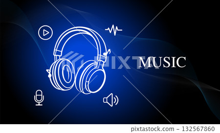 White line art headphone with sound icons and the word MUSIC on blue gradient background, representing audio, melody, and digital sound technology 132567860