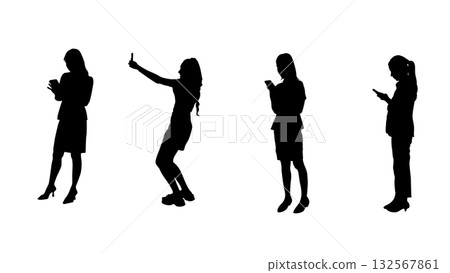 Silhouette of women standing and using smartphones, symbolizing digital lifestyle, social connection, and modern communication Silhouette of women standing and using smartphones, symbolizing digital lifestyle, social connection, and modern communication 132567861