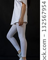 Model wearing white leggings highlighting shape, Mockup presenting waist and overall contour clearly 132567954