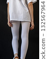 Model wearing white leggings highlighting shape, Mockup presenting waist and overall contour clearly 132567964
