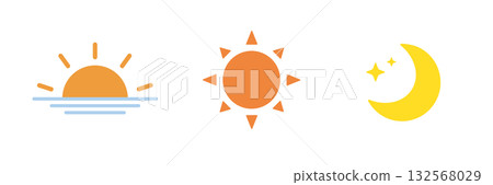 Simple icons representing morning, noon, and night (sunrise, sun, moon) Simple icons representing morning, noon, and night (sunrise, sun, moon) 132568029