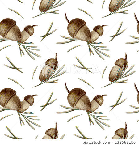 Cheerful acorns with spruce needles and a tiny twig in seamless pattern with soft watercolor washes and textured colored pencils hatching.For autumn,nature-inspired themes,childrens textile 132568196