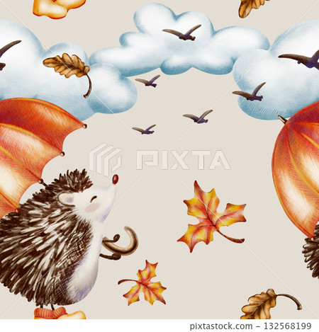 Autumn seamless pattern-Fluffy hedgehog with an orange umbrella and in yellow rubber boots standing on its hind legs and looks at the birds soaring away into the clouds.Watercolor and colored pencils 132568199