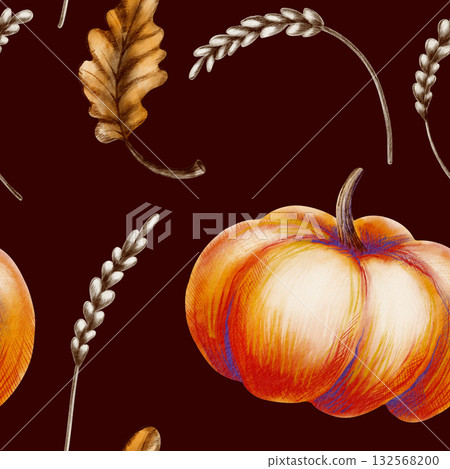 Cheerful orange pumpkin,leaves of oak,brown grains in childlike style seamless pattern in watercolor washes and textured colored pencils.For autumn projects,nursery decor,and kids textile Cheerful orange pumpkin,leaves of oak,brown grains in childlike style seamless pattern in watercolor washes and textured colored pencils.For autumn projects,nursery decor,and kids textile 132568200