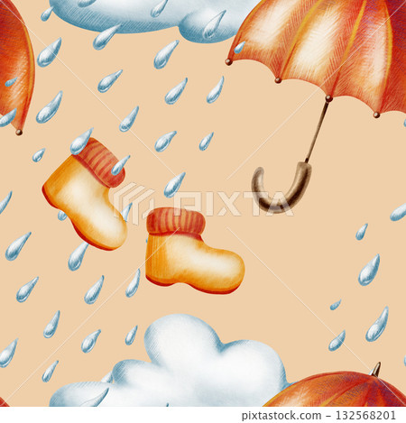 Autumn seamless pattern-yellow-orange umbrella and rubber boots with knitted cuffs,rainy clouds,and raindrops in watercolor and colored pencil mixed media In a childlike style Autumn seamless pattern-yellow-orange umbrella and rubber boots with knitted cuffs,rainy clouds,and raindrops in watercolor and colored pencil mixed media In a childlike style 132568201