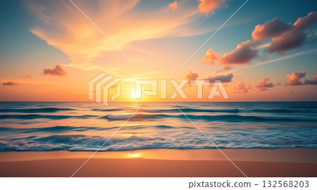 A beautiful beach sunset over the sea, with the sun's reflection on the ocean waves and sandy shore. A beautiful beach sunset over the sea, with the sun's reflection on the ocean waves and sandy shore. 132568203