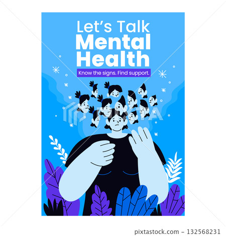 Mental health awareness poster showing identity confusion and support message in hand-drawn flat style Mental health awareness poster showing identity confusion and support message in hand-drawn flat style 132568231