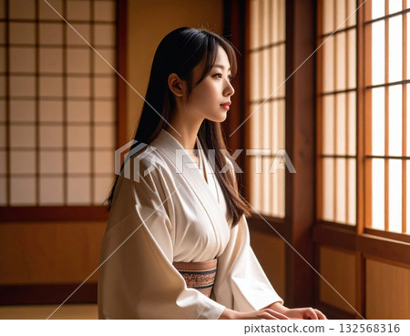 一位身著喪服的女子站在一間日式房間裡。 132568316