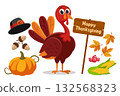 Thanksgiving turkey, pumpkin, hat, corn, and sign close-up on a white. Thanksgiving Day set 132568323