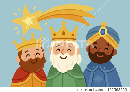 Three Kings Day. Three cute smiling kings and flying star, symbolizing Christian Epiphany Three Kings Day. Three cute smiling kings and flying star, symbolizing Christian Epiphany 132568333