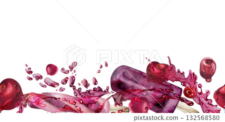 Cherry ice lolly popsicle in fruit juice splash and berry storm, waves and drops. Isolated seamless banner border header hand drawn in watercolor. Ice cream flavors card, product label, snack design. Cherry ice lolly popsicle in fruit juice splash and berry storm, waves and drops. Isolated seamless banner border header hand drawn in watercolor. Ice cream flavors card, product label, snack design. 132568580