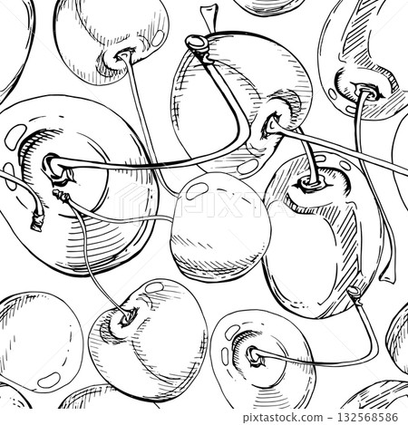 Sweet sour line cherry berries on stems, hand drawn vector ink, scattered ripe cerise drupes. Seamless pattern illustration isolated on white. Restaurant, cafe dessert menu, wedding, farmers market Sweet sour line cherry berries on stems, hand drawn vector ink, scattered ripe cerise drupes. Seamless pattern illustration isolated on white. Restaurant, cafe dessert menu, wedding, farmers market 132568586