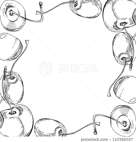 Sweet sour line cherry berries on stems, hand drawn vector ink, scattered ripe cerise drupes. Border frame illustration isolated on white. For restaurant, cafe dessert menu, wedding, farmers market Sweet sour line cherry berries on stems, hand drawn vector ink, scattered ripe cerise drupes. Border frame illustration isolated on white. For restaurant, cafe dessert menu, wedding, farmers market 132568587