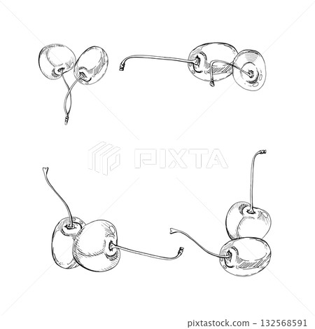 Sweet sour line cherry berries on stems, hand drawn vector ink, scattered ripe cerise drupes. Square frame illustration isolated on white. For restaurant, cafe dessert menu, wedding, farmers market Sweet sour line cherry berries on stems, hand drawn vector ink, scattered ripe cerise drupes. Square frame illustration isolated on white. For restaurant, cafe dessert menu, wedding, farmers market 132568591