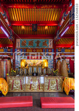 Ornate interior of Teng Yun Temple with colorful altar and statues, Bandar Seri Begawan, Brunei Darussalam. 132568610