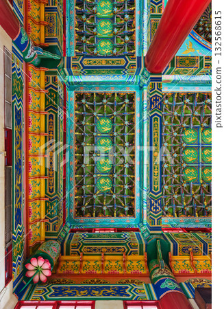 Thean Hou Temple intricate ceiling with traditional Chinese patterns and vibrant colors, Kuala Lumpur, Malaysia. 132568615