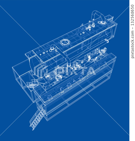 Industrial Machine Blueprint on Blue Background Industrial Machine Blueprint on Blue Background 132568650