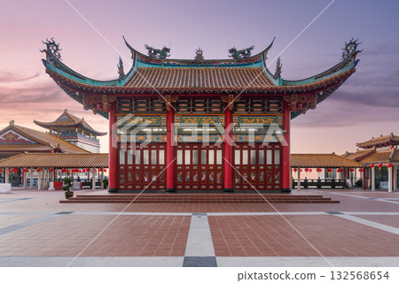 Chin Swee Caves Temple, Genting Highlands, Malaysia. Ornate traditional Chinese temple at sunset. Chin Swee Caves Temple, Genting Highlands, Malaysia. Ornate traditional Chinese temple at sunset. 132568654