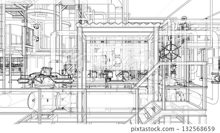Intricate Industrial Blueprint. Vector 132568659
